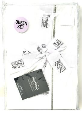Piu Belle White Queen Sheet Set 100% Cotton Olive Green Hemstitch Border Trim